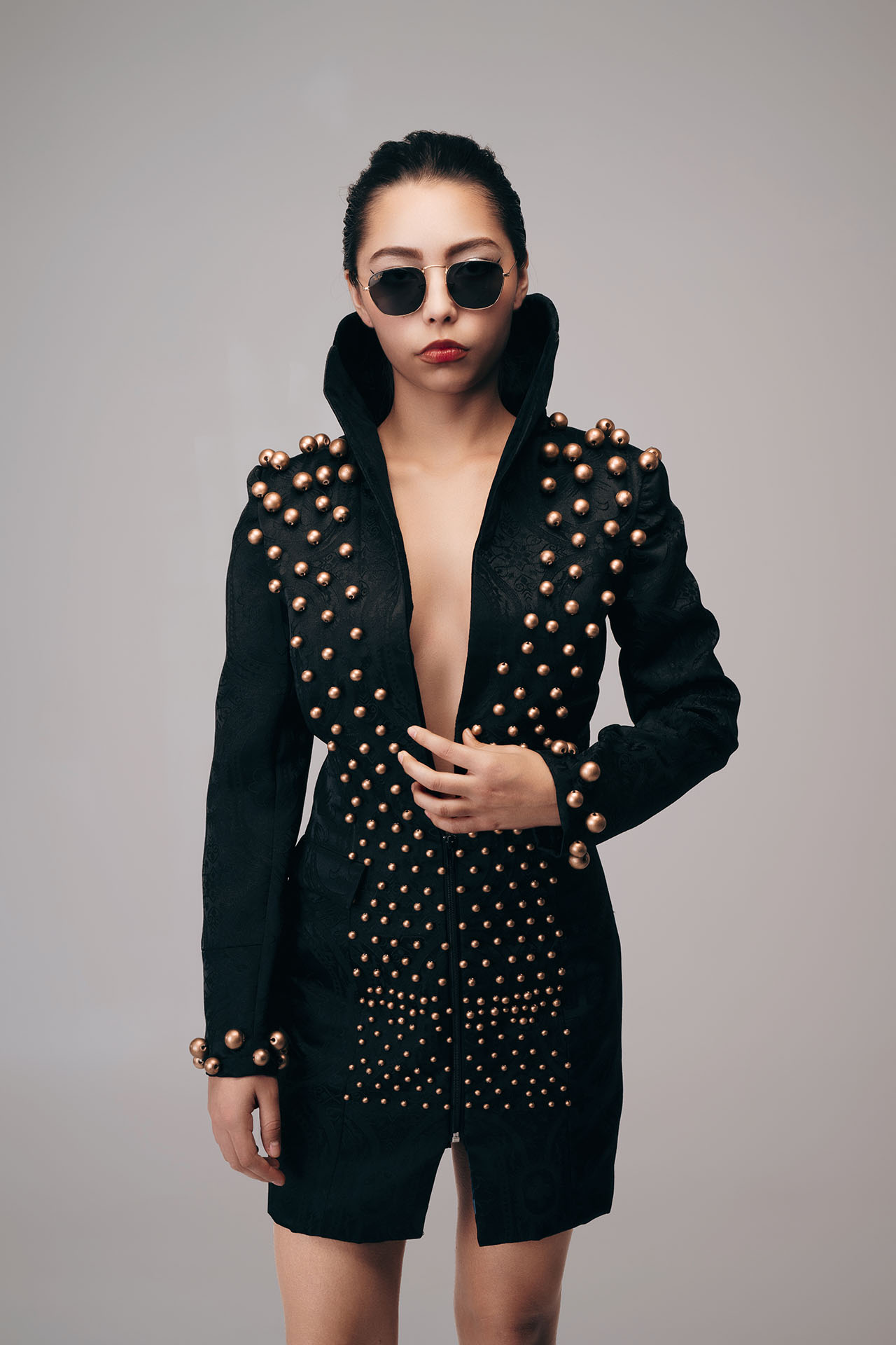 Mauro Look Book Photography 03 Model in a black studded blazer, standing studio portrait, alternate pose