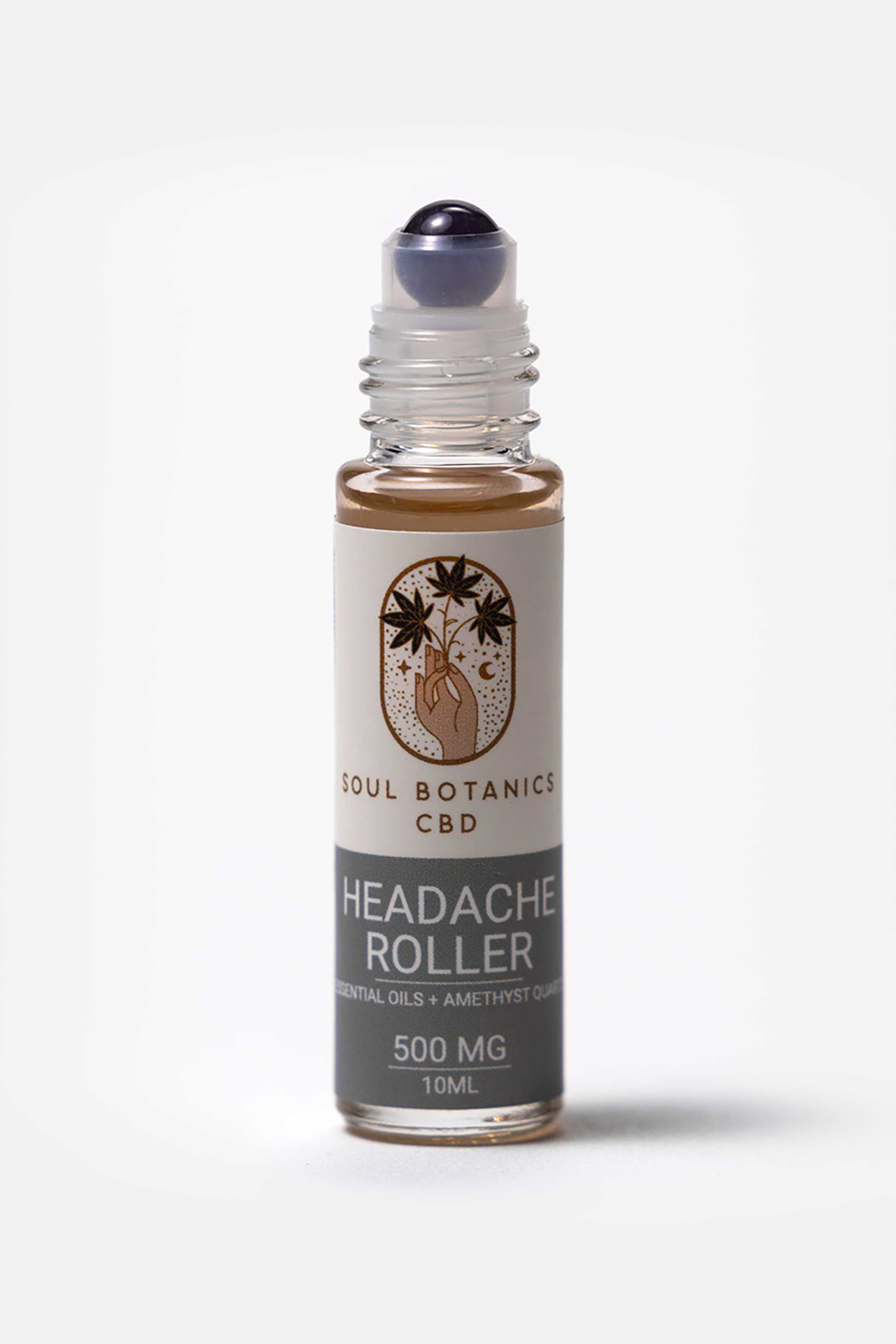 Product photo of a Soul Botanics CBD Headache Roller bottle on a clean white background