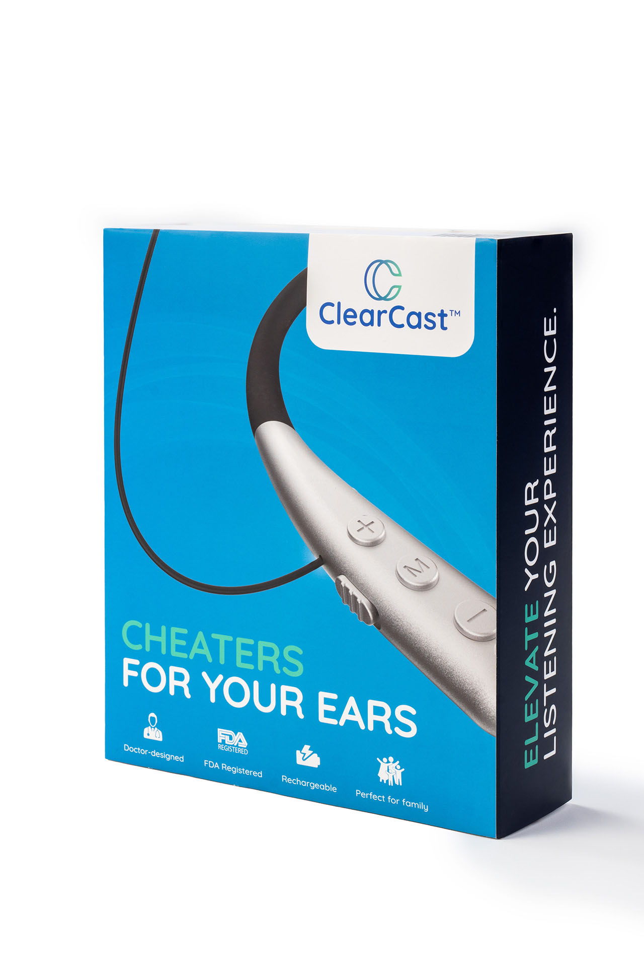 Product packaging photography of a ClearCast hearing device box, 'Cheaters for Your Ears'