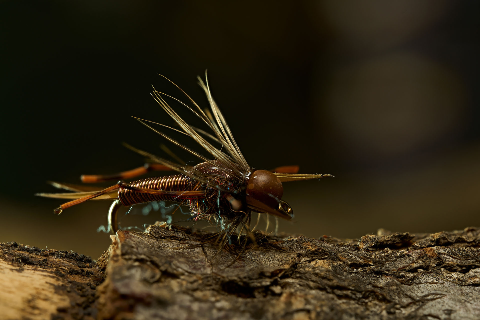 Macro product photo of a copper-brown fishing fly with a softly blurred background