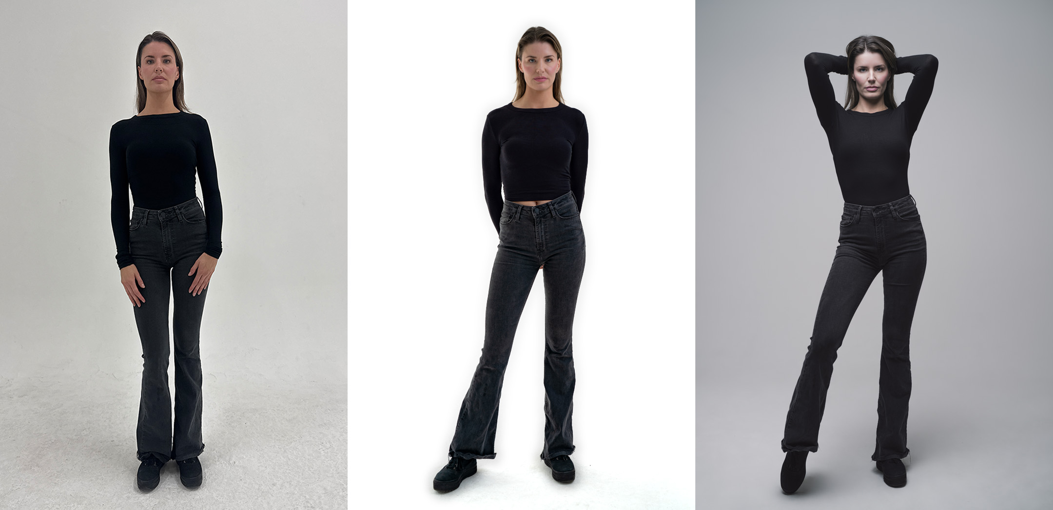Three side-by-side studio portraits of the same model in a black top and dark flared jeans, progressing from a plain neutral standing pose to a more directed pose with hands behind her head